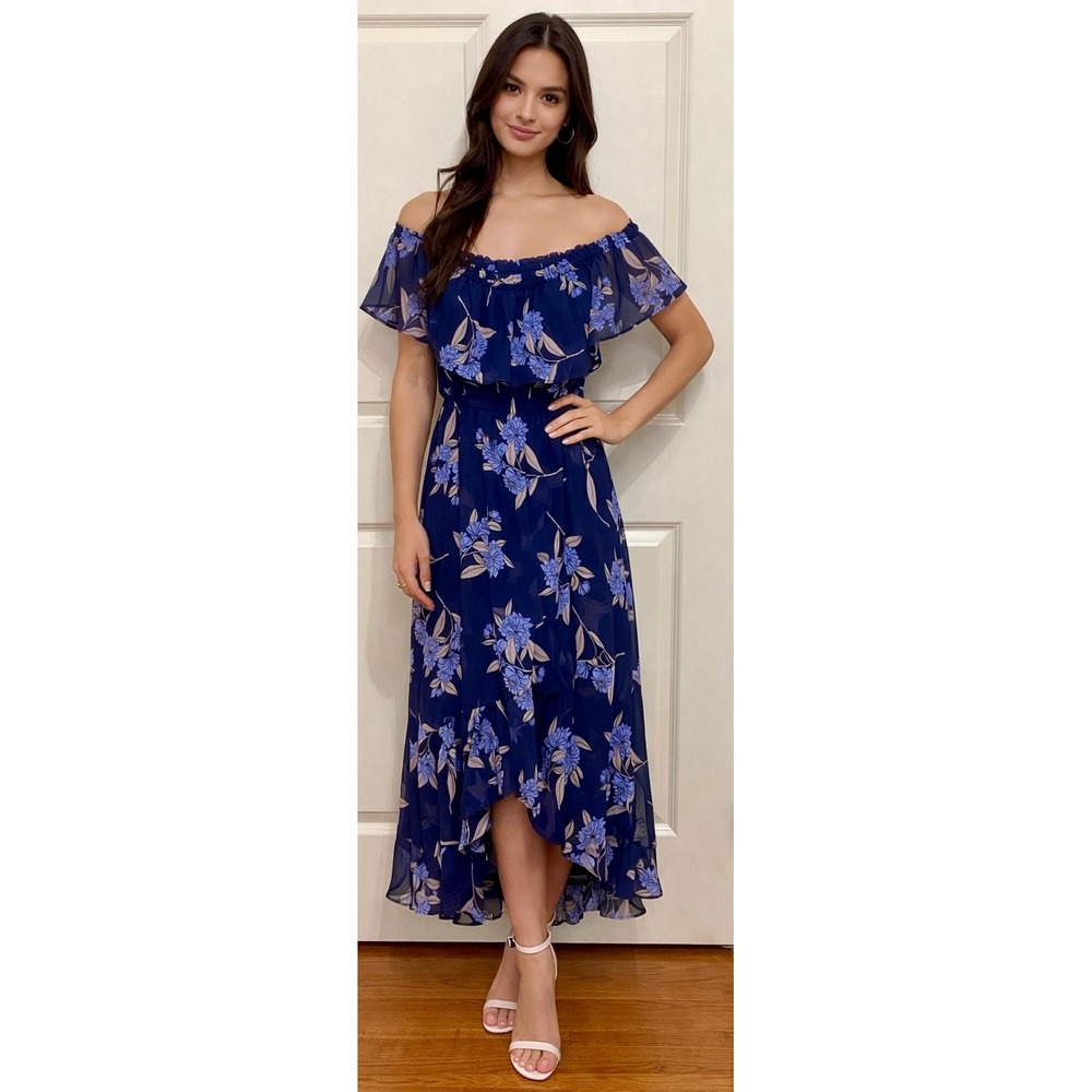 Express Floral Maxi Dress Navy Off Shoulder Chiffon Slit Small Wedding Guest